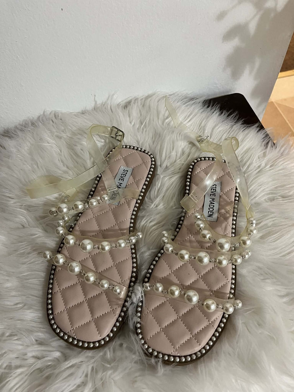 Steve Madden Pearl-Strap Clear Ankle Sandals - Nude/White Pearls New Whithout La - Picture 5 of 8